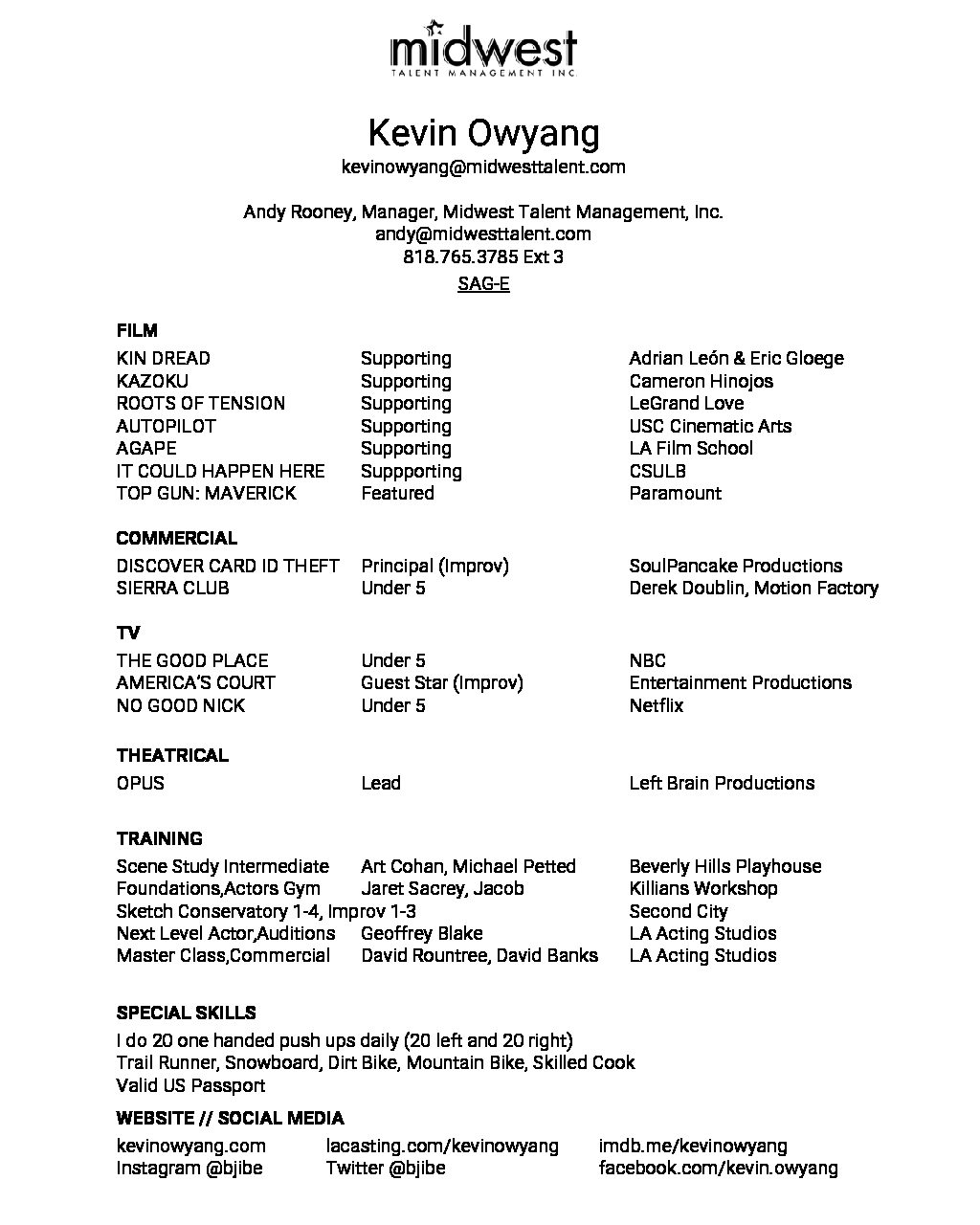 Kevin Owyang Actor Resume